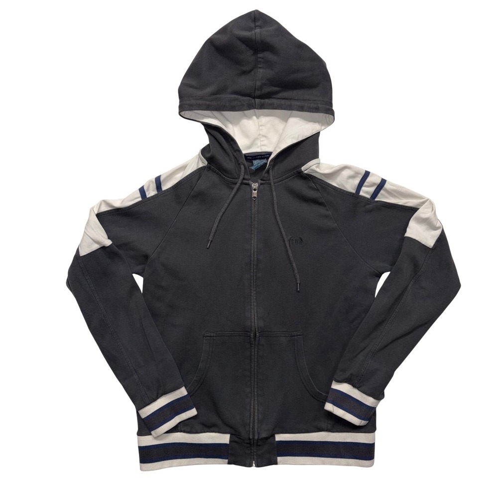 Y2K French Connection FCUK Mens Small Gray Full Zip Up Hoodie Athletic Stripe